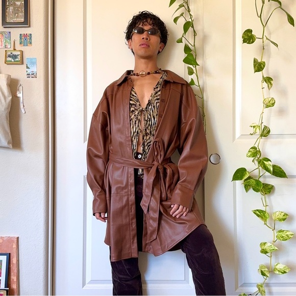 Plus Size Brown Pleather Coat - Picture 2 of 6